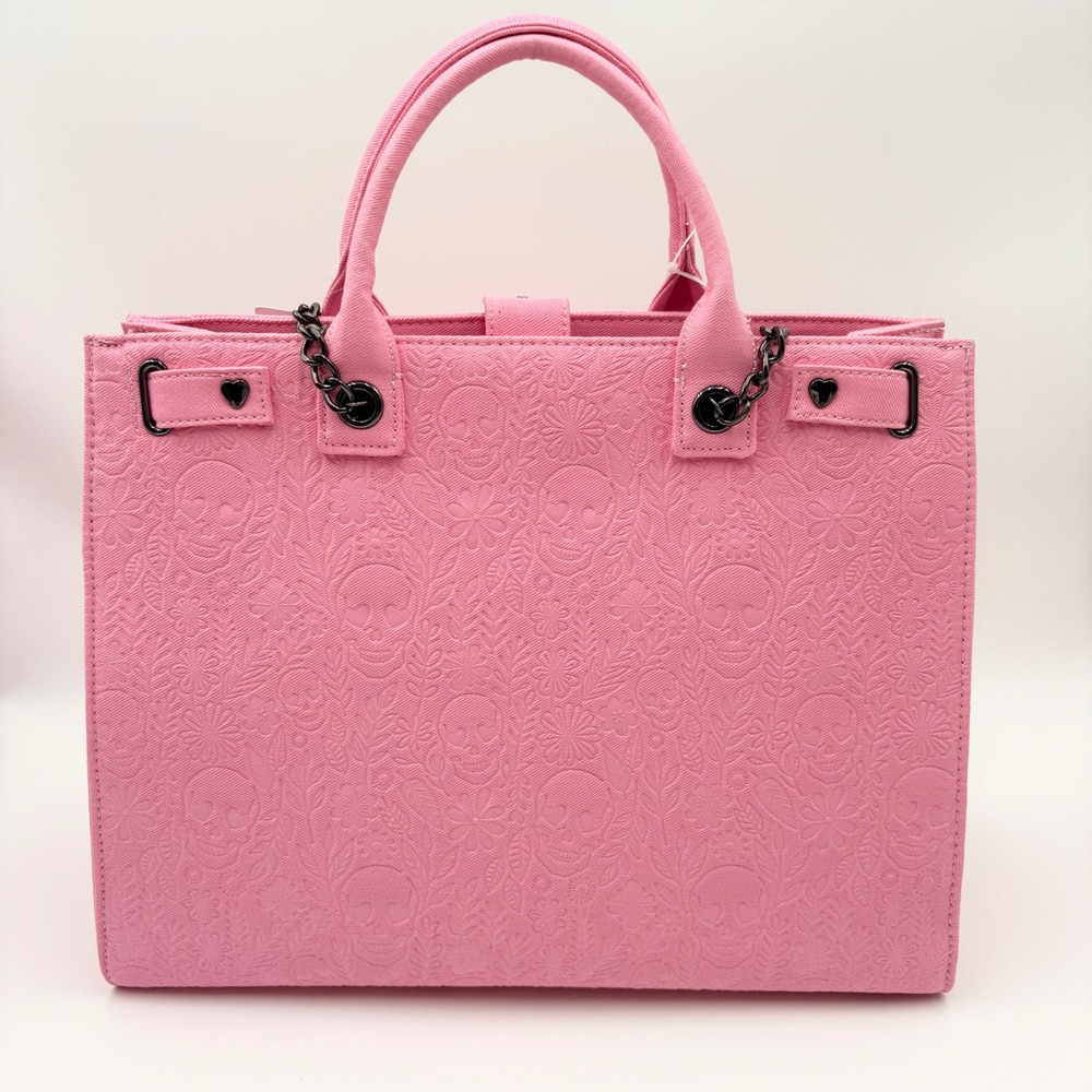 Betsey Johnson Pink Embossed Skull Tote Bag with Detachable Pouch New - Picture 4 of 14